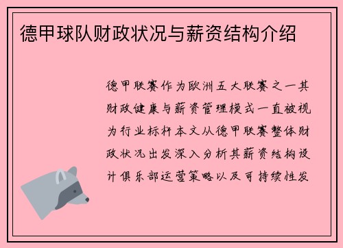德甲球队财政状况与薪资结构介绍