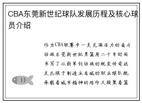 CBA东莞新世纪球队发展历程及核心球员介绍