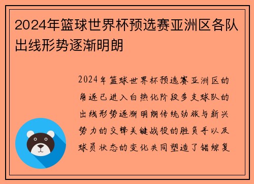 2024年篮球世界杯预选赛亚洲区各队出线形势逐渐明朗