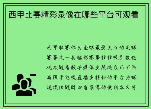 西甲比赛精彩录像在哪些平台可观看